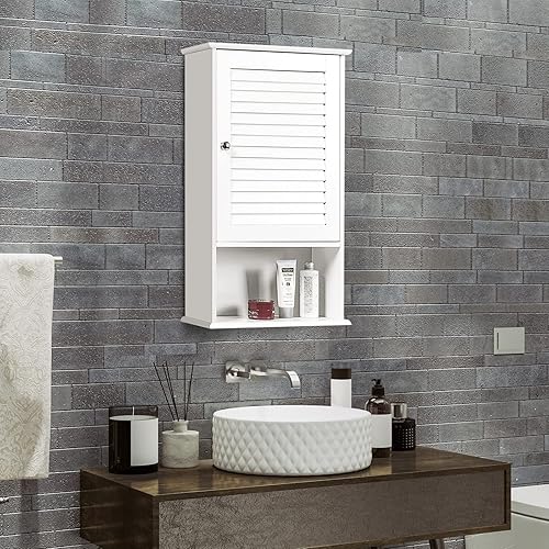 Miniatura 2 de LOKO Armario de pared de baño, armario de baño montado en la pared con puerta de obturador individual y estante ajustable, pequeño botiquín para