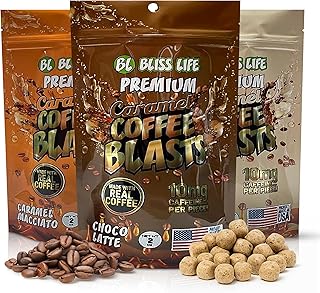 Caramel Coffee Blasts - Edible Coffee Revolution with Real Brewed Cafe in Three Amazing Flavors: Caramelo Macciato, Chocolate Latte, French Vanilla. Bold Crunchy Texture 10mg Caffeine Per Piece (2 oz, French Vanilla)