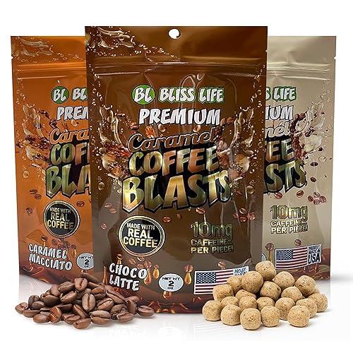 Caramel Coffee Blasts - Revolución del café comestible con café hecho real en tres sabores increíbles: Caramelo Macciato, Chocolate Latte, vainilla