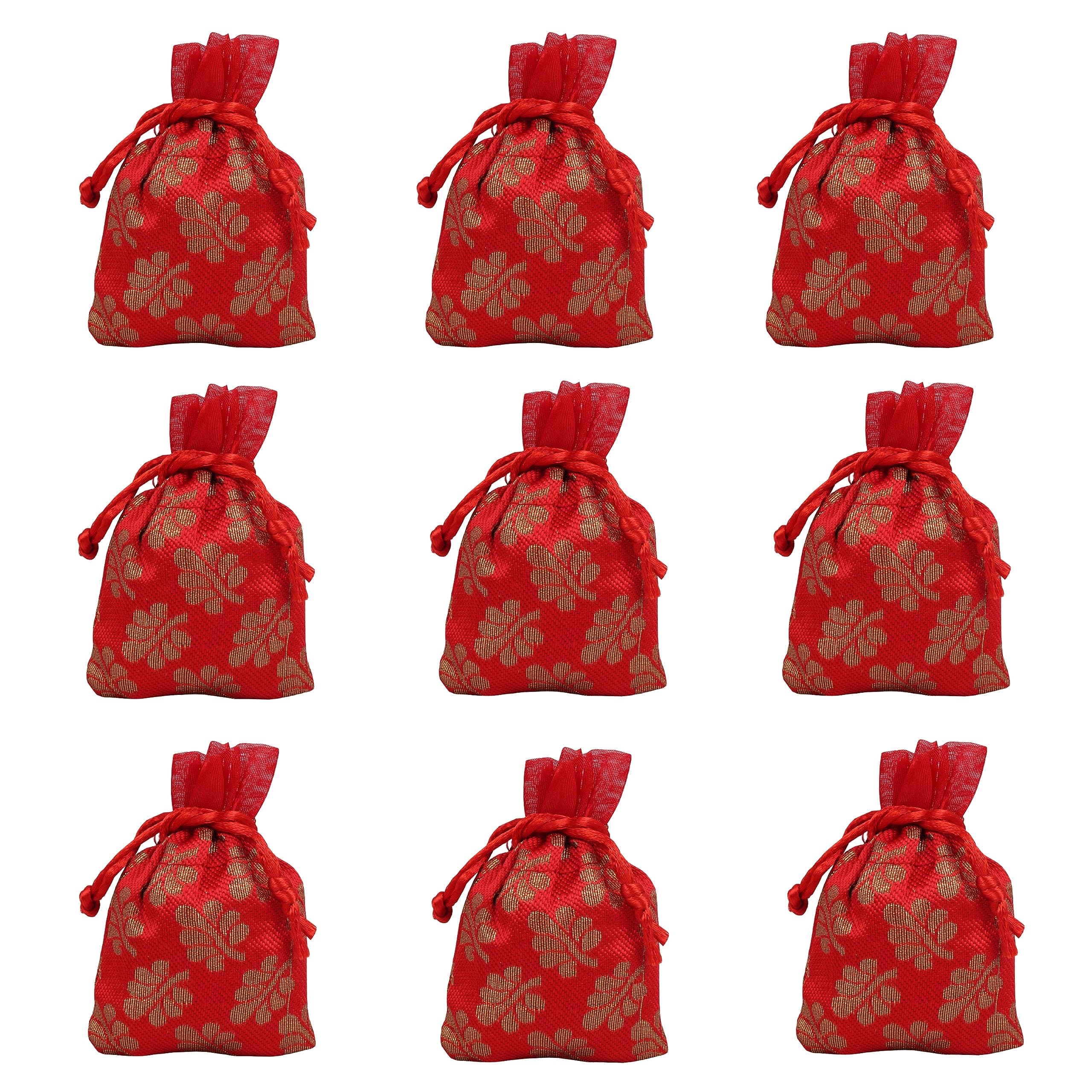 TouchstoneTouchstone Drawstring Bags Traditional Indian Handcrafted in Mimosa leaf Pattern Brocade fabric. Perfect for Gifts Jewelry Weddings Sweet Distribution Set of 9 Vibrant Red Pouches Purses Potli. 4 x 3,