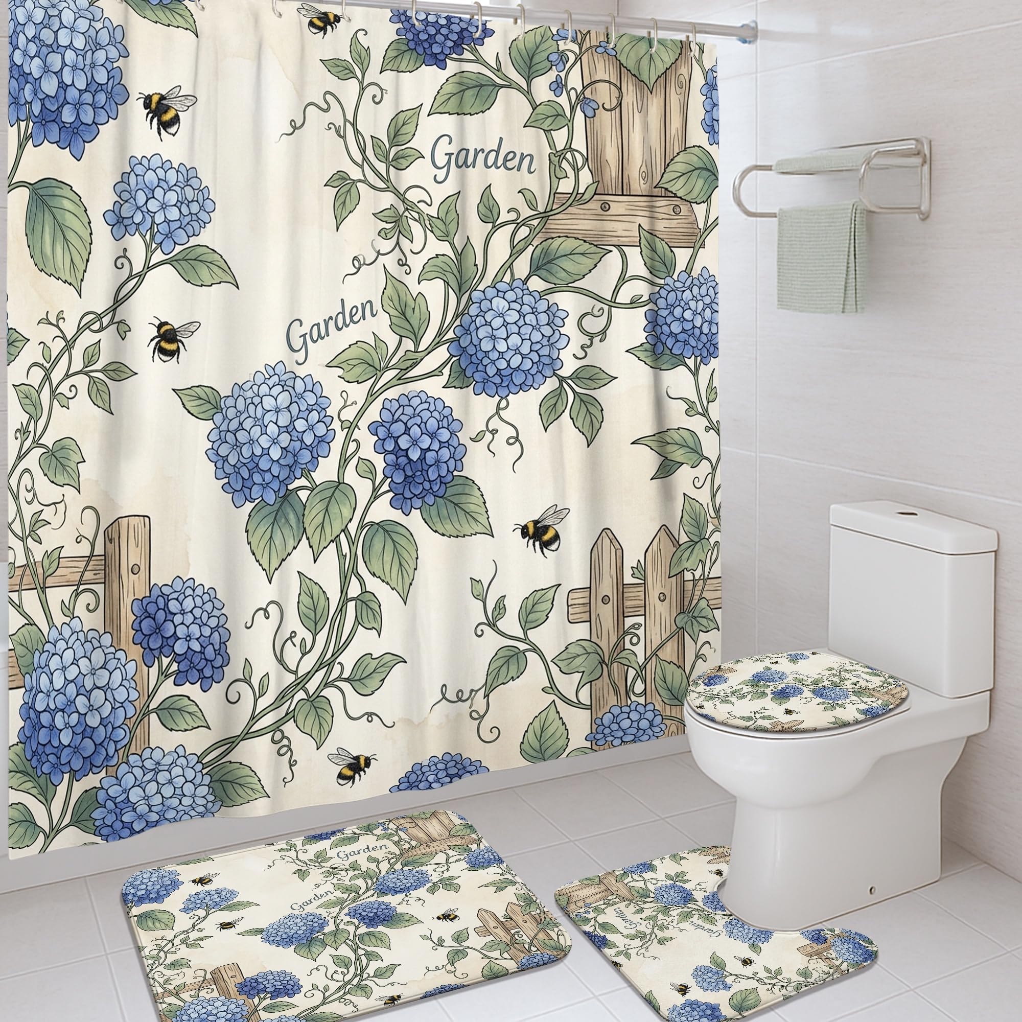 Rideau de douche hortensia et tapis pour une salle de bain esprit jardin de printemps