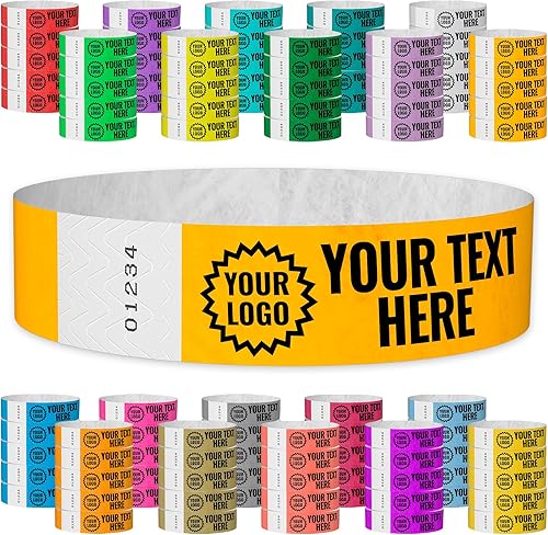 Vista 12 de WristCo Pulseras de impresión personalizadas doradas – 1,000 unidades Tyvek ¾ pulgadas x 10 pulgadas – Añade cualquier texto, logotipo e imagen