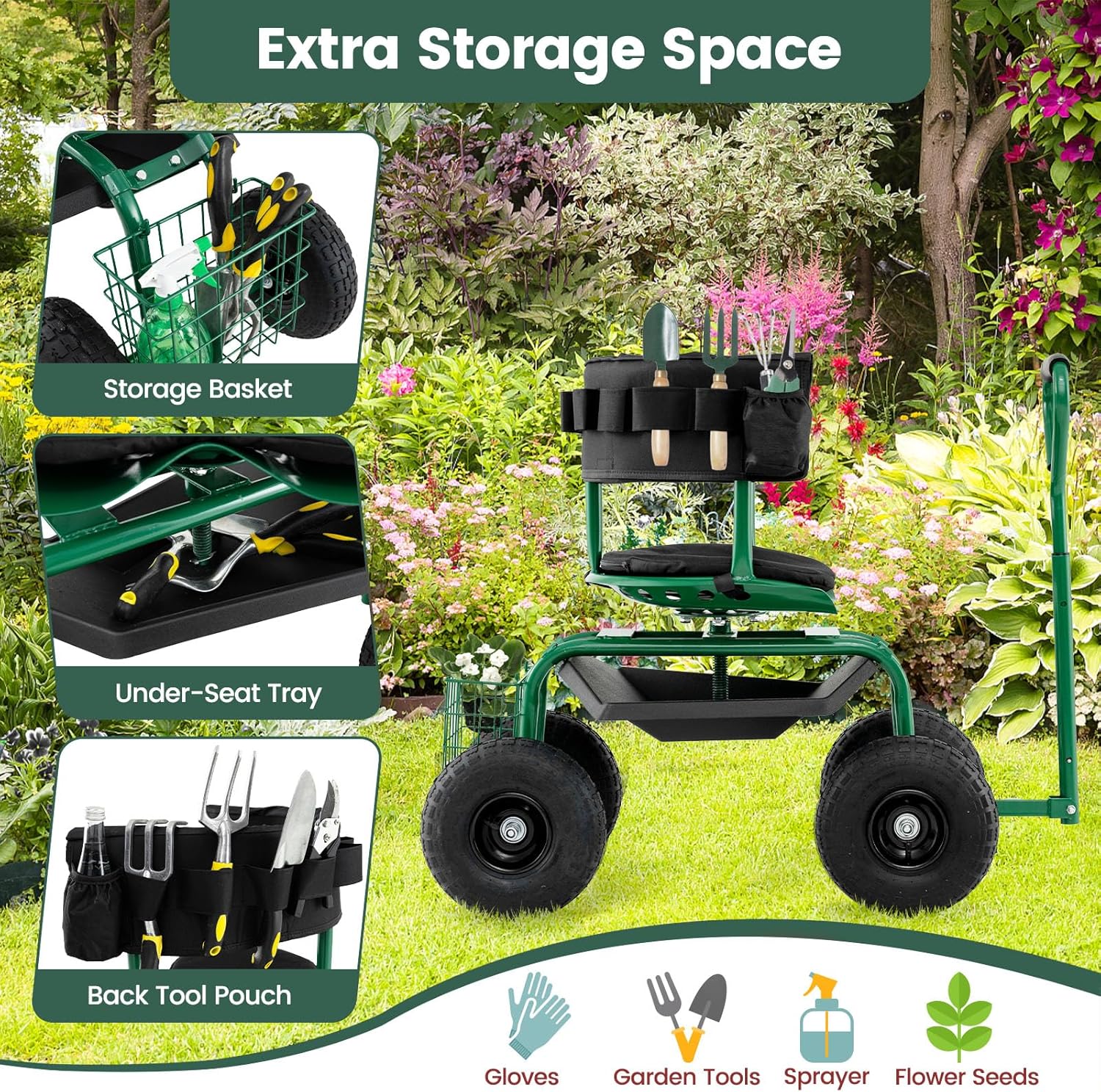 Close-up images demonstrating the height adjustment mechanism and the 360-degree swivel feature of the garden seat.
