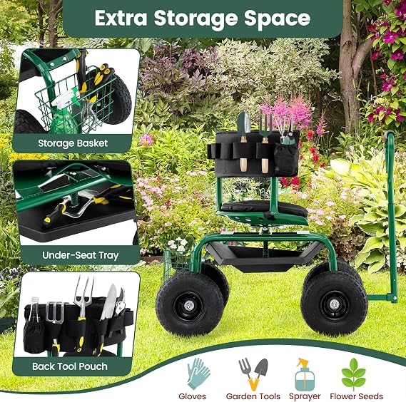 Goplus Garden Seat with Wheels, Rolling Gardening Stool with Adjustable 360 Swivel Seat, Tool Tray & Storage Basket, Extendable Handle, Outdoor Gardening Scooter, Garden Cart Workseat for Seniors