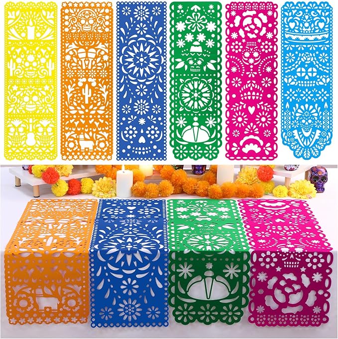 6 Pack Day of The Dead Altar Decor Papel Picado Table Runners 29 x 10 Inch Dia De Muertos Decorations Sugar Skull Mexican Table Runner Mexican Party Fiesta Carnival Cinco De Mayo Mantel Decor