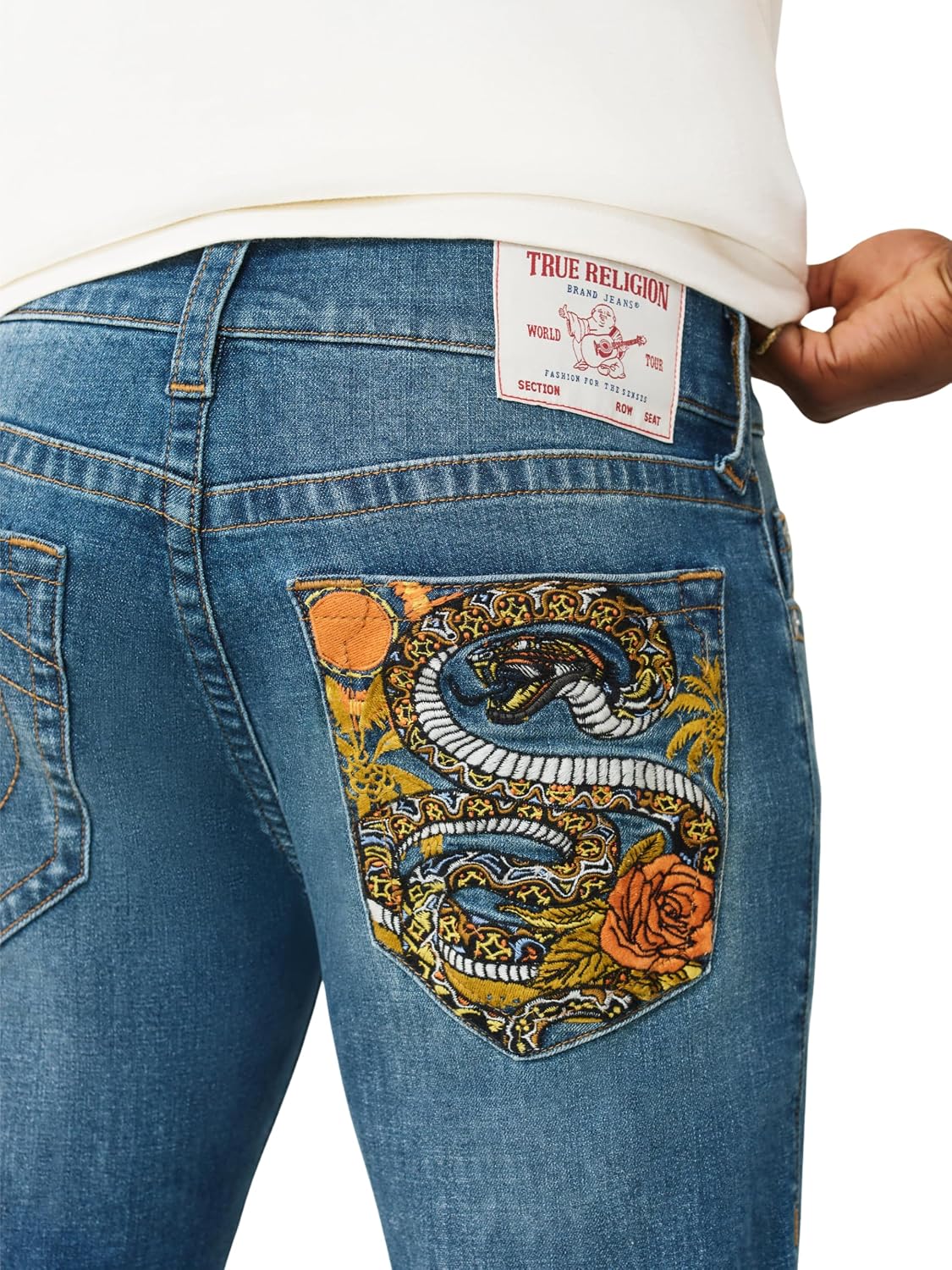 True Religion Men’s Ricky Super T Stitch Straight Jean – Clean Denim Wash, Oversized Hardware, Horseshoe Detailing