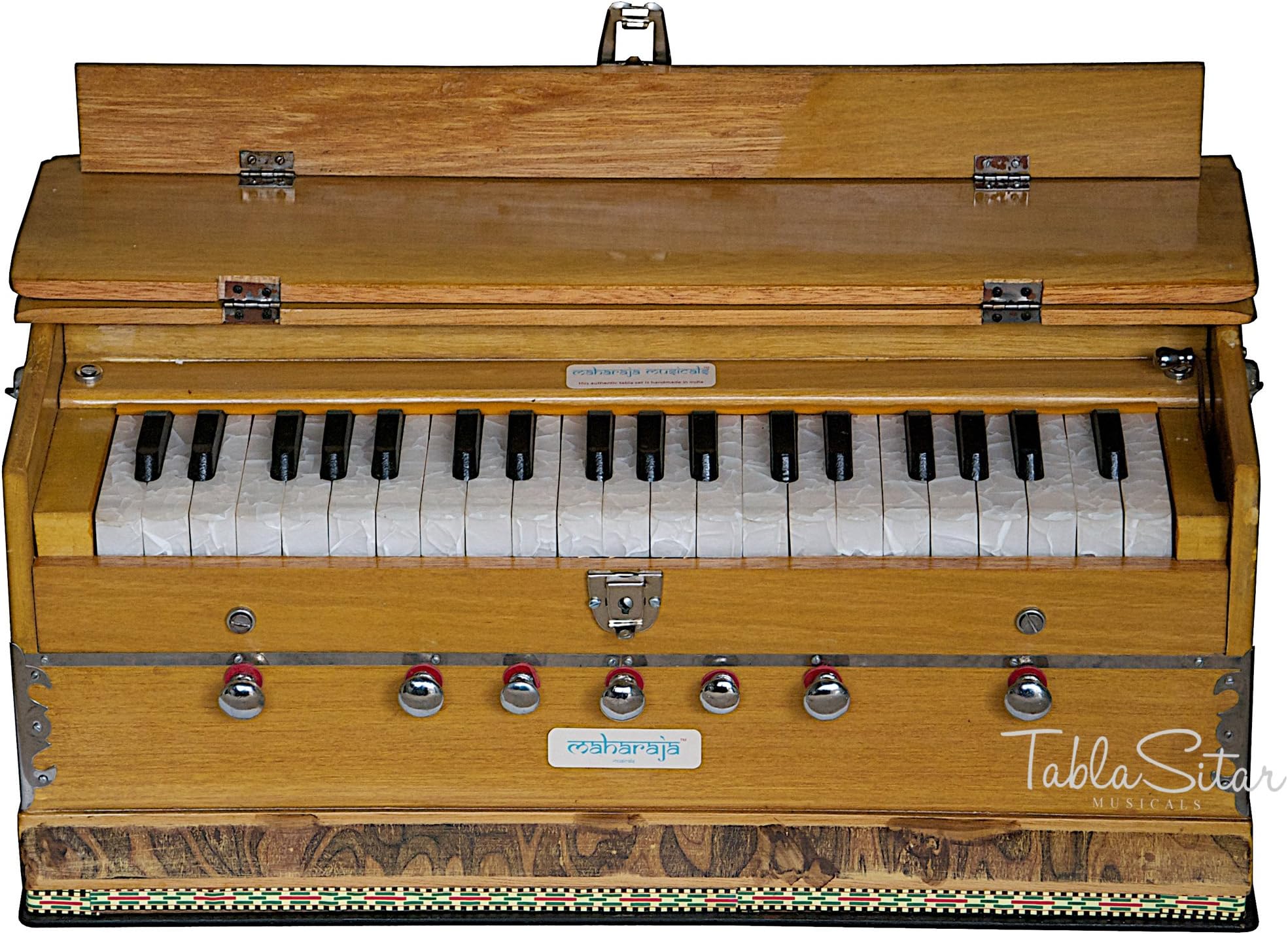 Harmonium, Maharaja Musicals, In USA, 3 1/4 Octave, Double Reed, Coupler, Natural Color, 7 Stops, Standard, Tuned to A440, Padded Bag, Musical Instrument Indian (PDI-ABF)