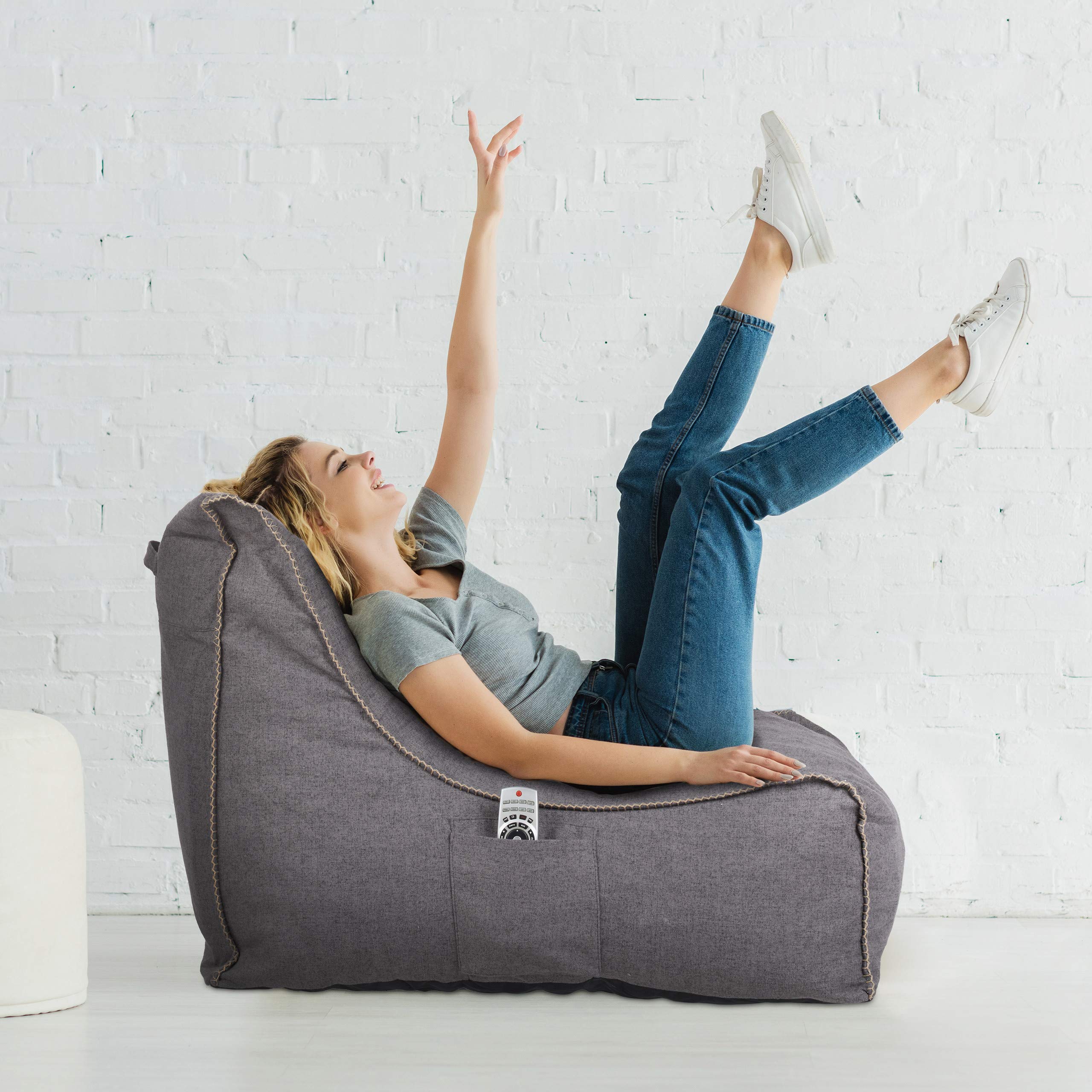 Relaxdays Pouf Poire, avec Dossier, Coussin Sol XXL, Adultes, Doux, intérieur, Mousse, siège géant, Gris