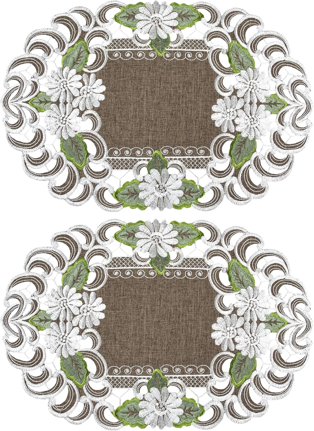 LINENS ART AND THINGS Placemats Embroidered Embroidered Pearlescent with Green Leaves on Brown Linen Doily Dresser Scarf Set of 2 (10.5Wx16.5L)