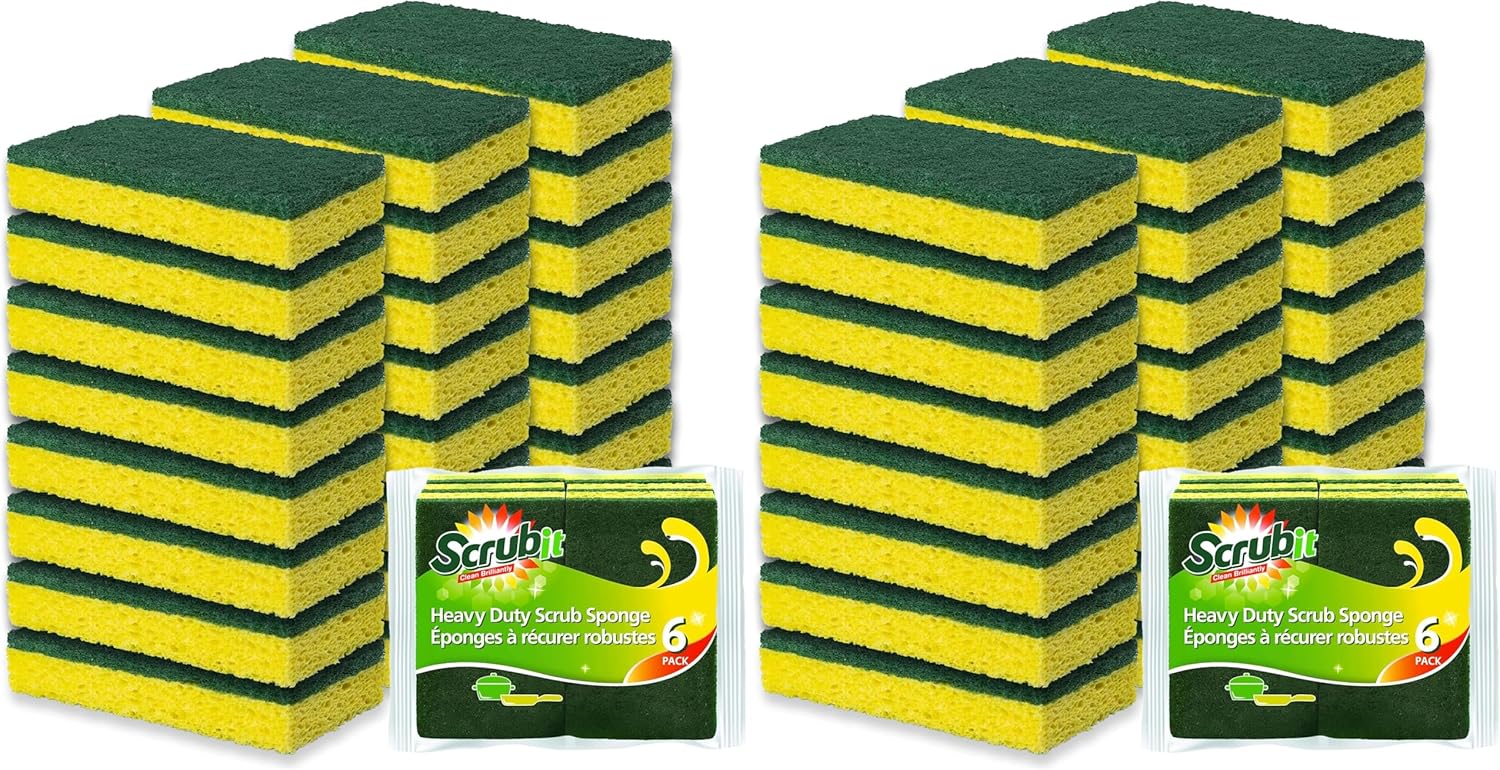 SCRUBIT Heavy Duty Scrub Sponges - Dishwashing Sponge Along with A Tough Scouring Pad - Ideal for Cleaning Kitchen, Dishes, Bathroom - Yellow - 24 Dish sponges (Pack of 2)