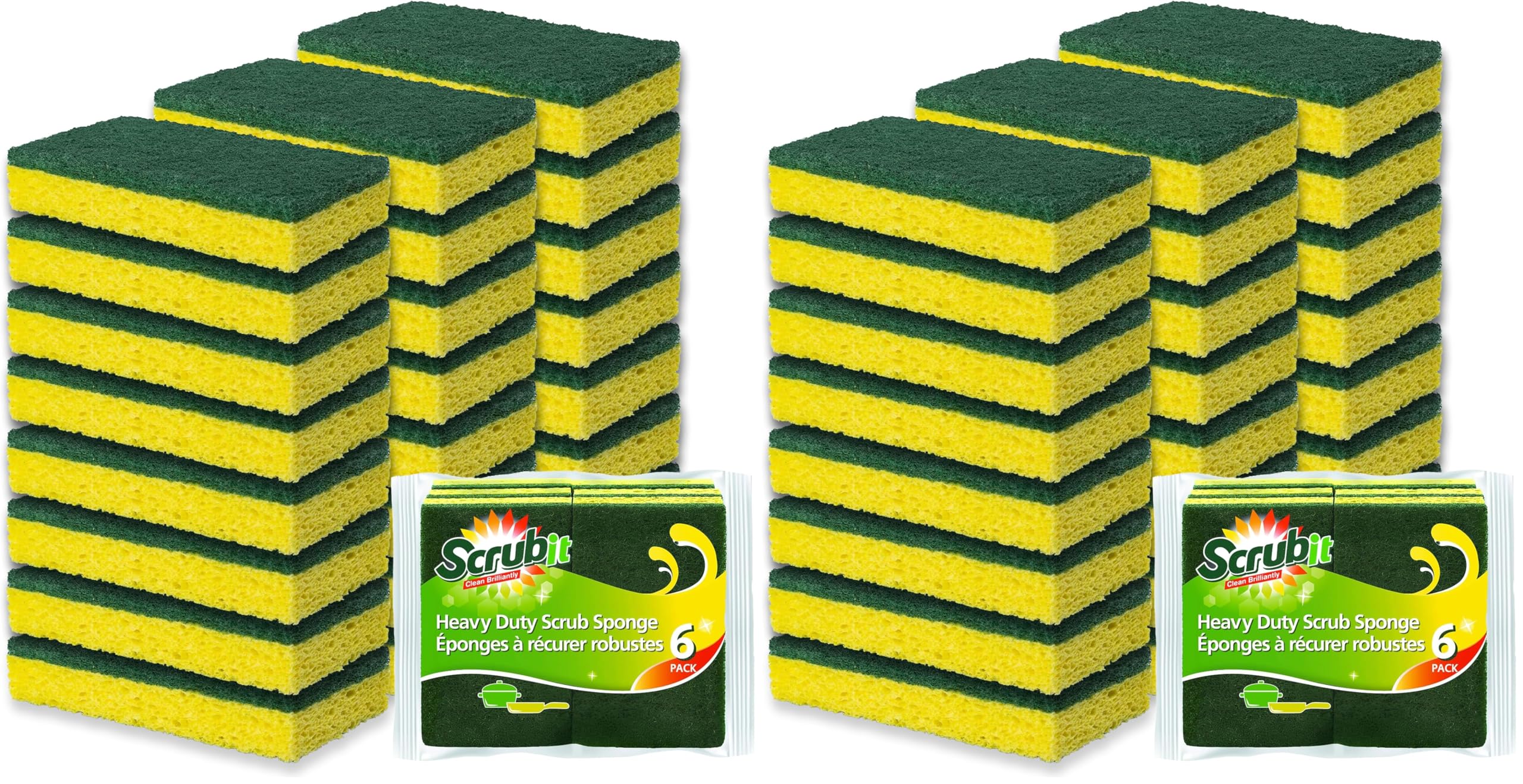 SCRUBIT Heavy Duty Scrub Sponges - Dishwashing Sponge Along with A Tough Scouring Pad - Ideal for Cleaning Kitchen, Dishes, Bathroom - Yellow - 24 Dish sponges (Pack of 2)