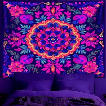 BVBOX Blacklight Mandala Tapestry 79"x59", UV Reactive Glow In The Dark Black Light Mandala Wall Art Tapestry Posters for Living Room, BedroomType 6