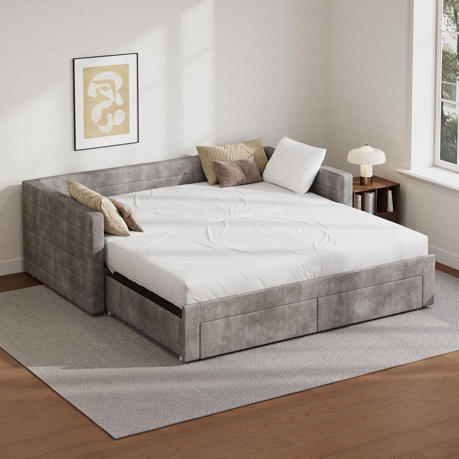 JIJIWANG Twin Size Upholstered Extendable Daybed Frame with Trundle,Space-Saving Twin to King Design, Chenille Fabric Sofa Bed with Storage Drawers for Living Room Guest Room,Gray