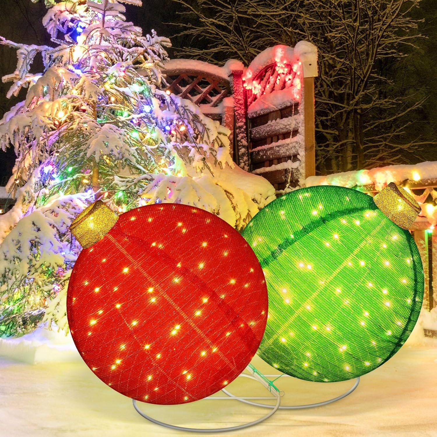 2 Pcs Lighted Pop up Outdoor Christmas Ornaments 24 Inch Large 3D Pre Lit Christmas Balls Red Green Light up Collapsible Balls with 100 LED Lights for Xmas Holiday Yard Lawn Garden Classic Style