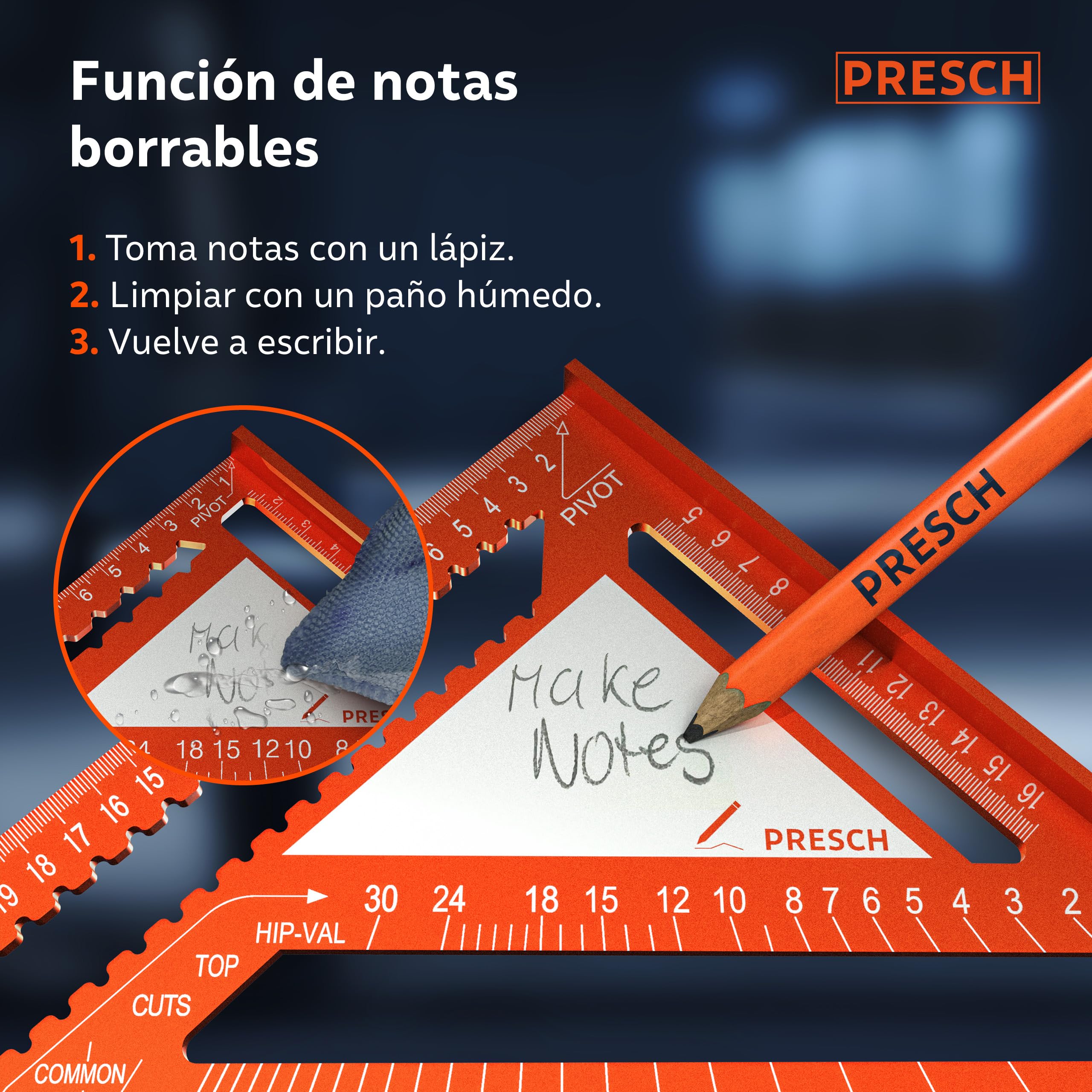 Presch Set de Escuadras Carpintero - 180mm & 300mm - Innovadora superficie de notas borrable | Calibre para brocas inteligente - Aluminio fresado de alta precisión para ángulos de 90° precisos
