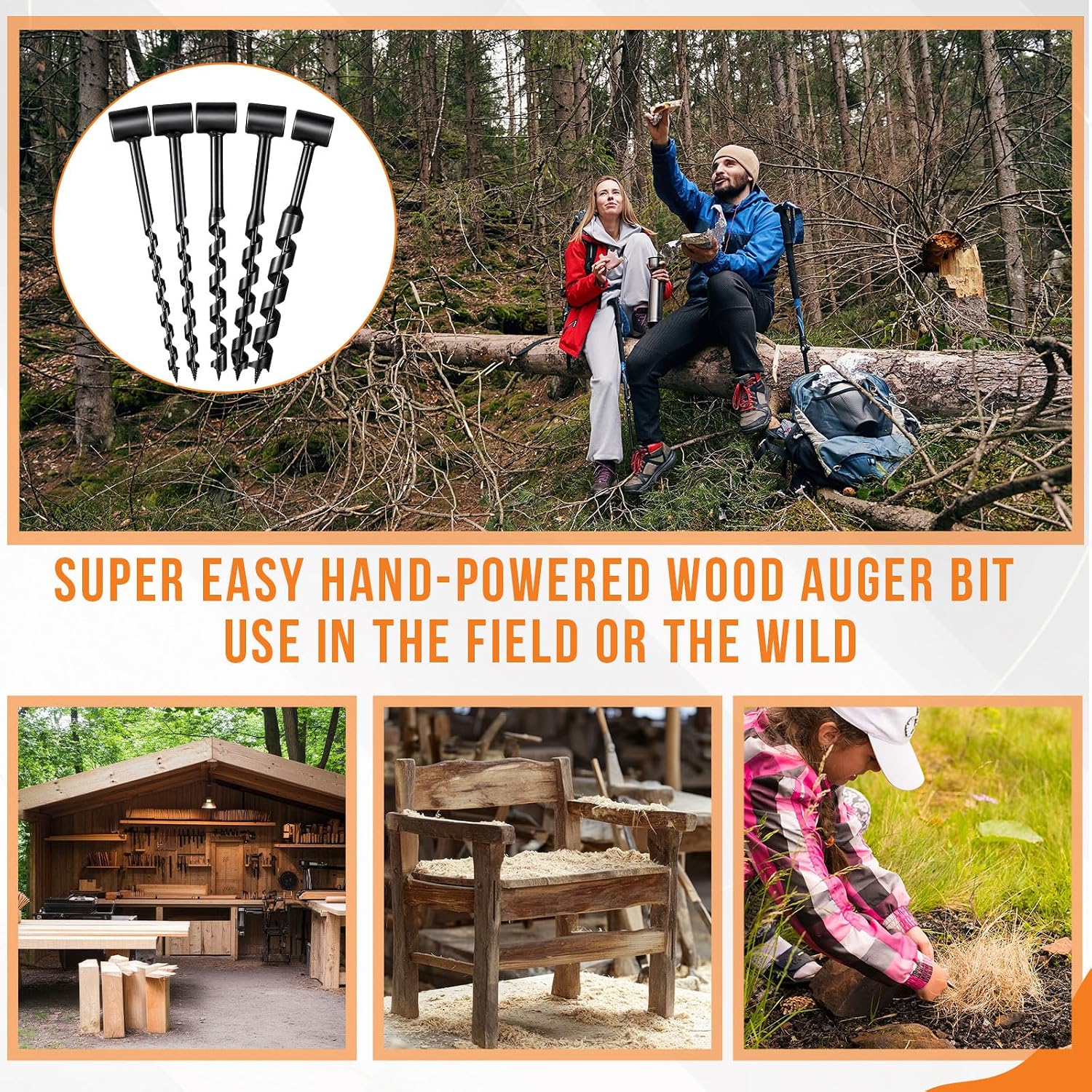 6 Pcs Hand Auger Wood Drill Wrench Set Bushcraft Gear Heavy Duty Steel Manual Survival Tools with Auxiliary Handle Bushcraft Tools for Camping, Outdoor, Hiking, Woodworking