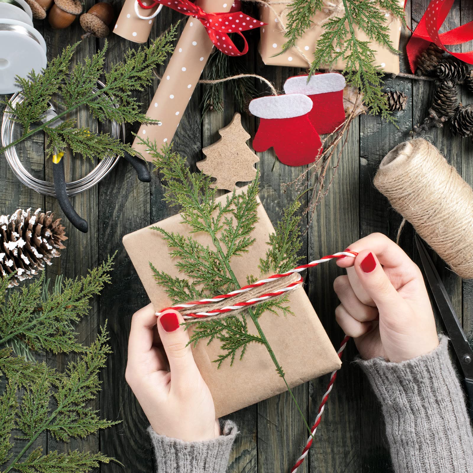 60 Pcs Christmas Artificial Pine Branches Faux Cedar Picks Floral Sprays 11 x 5.5 Inch Glitter Greenery Stems Pine Needles Twig for Xmas Vase Filler Home Garland DIY Wreath Decoration (Solid Green)