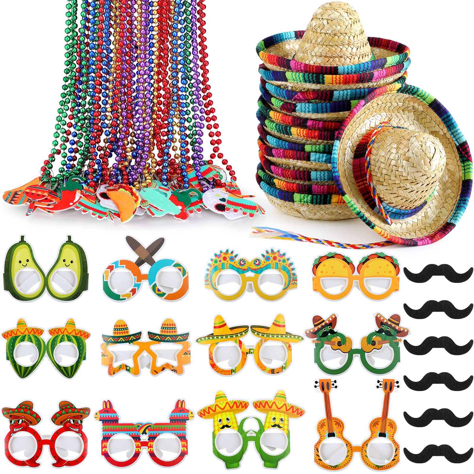 Bucherry 54 Pieces Cinco De Mayo Sombrero Hats Mexican Beaded Necklace Paper Eyewear Fiesta Party Supplies Bulk for Mexican Day Decorations