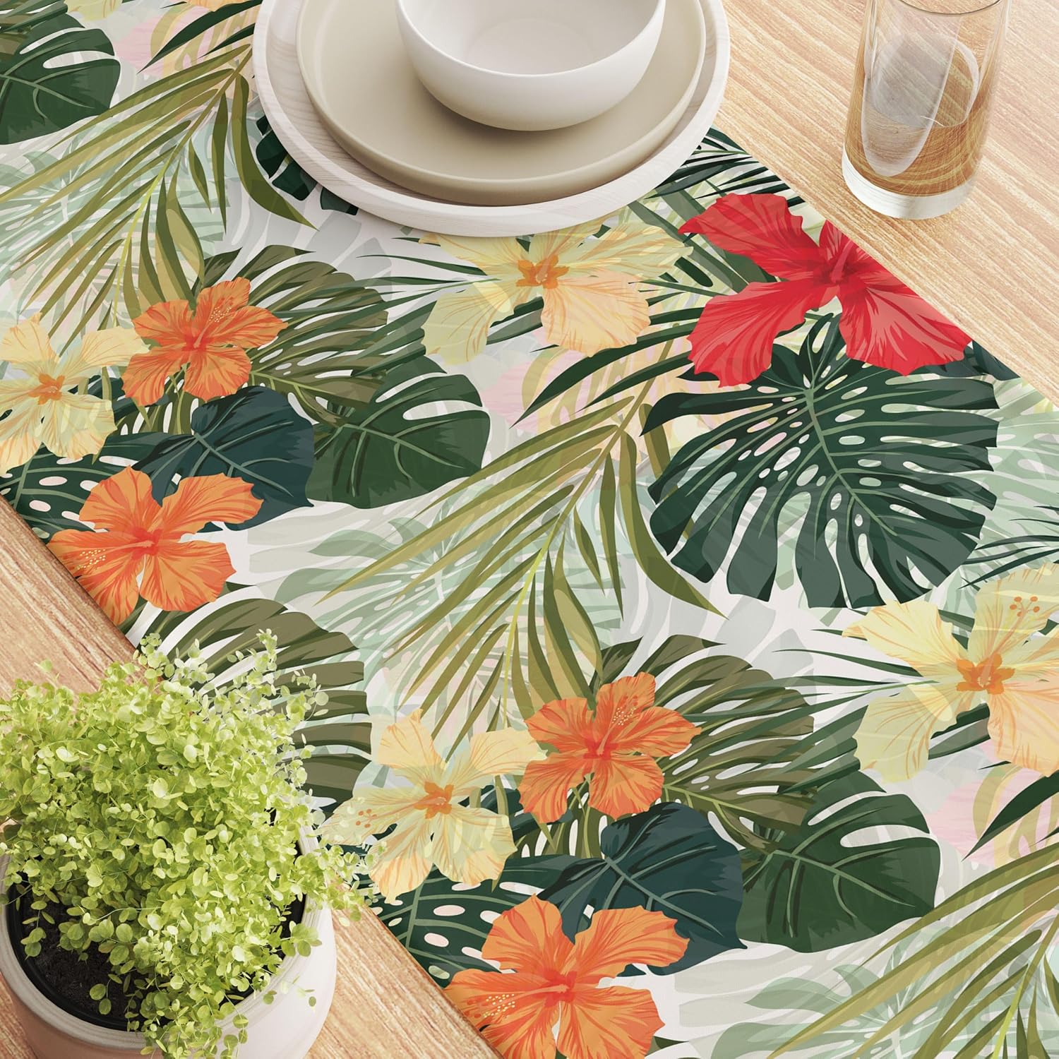 Table Runner, 100% Milliken Polyester, Machine Washable, 12x72, Hibiscus Garden