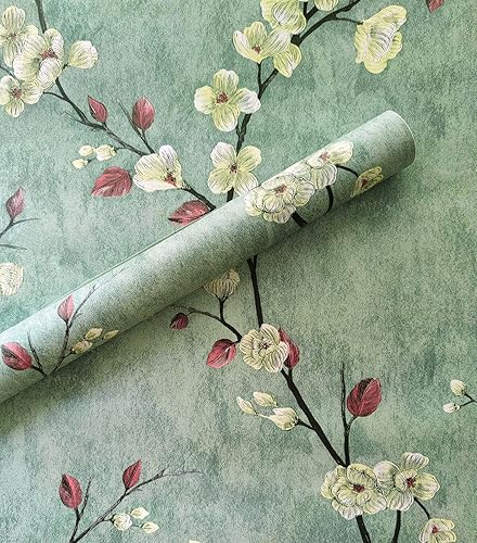 Papel tapiz floral de 177 x 393 pulgadas papel de contacto de flores verdes impermeable extraíble papel de pared moderno papel de contacto
