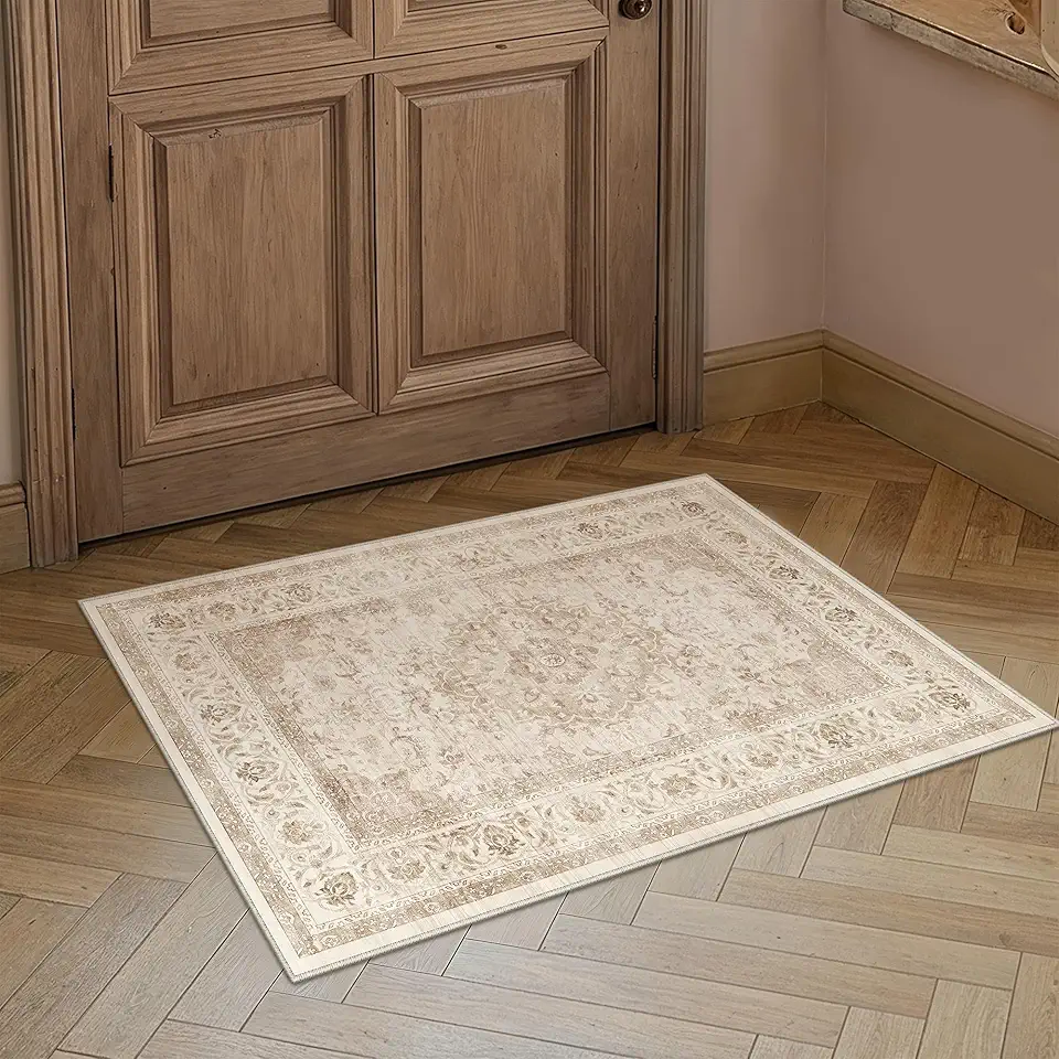 Tapete vintage lavável 2x3 bege para sala de estar, quarto, macio, antiderrapante, fino, leve, floral, pilha baixa, tapete envelhecido, capacho de cozinha, entrada, corredor, lavanderia
