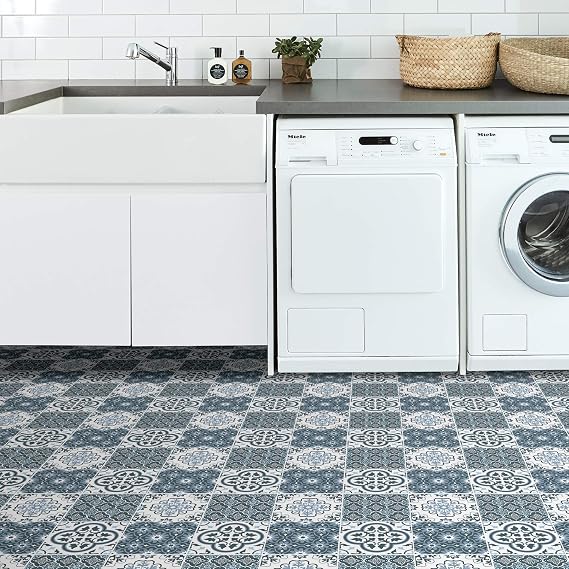 WallPops FP2951 Leyton Peel & Stick Floor Tiles, Blue, 12 x 12 inches