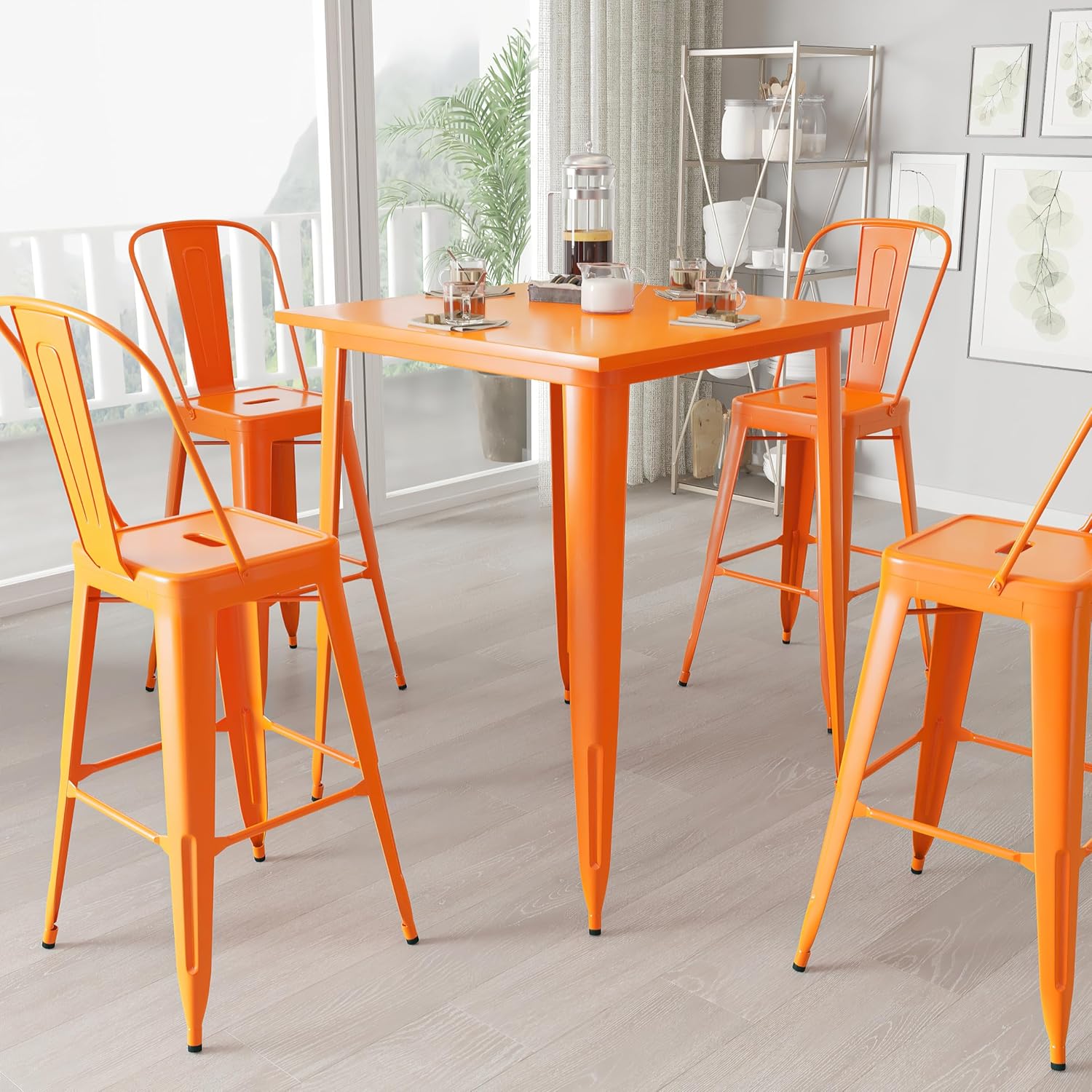 Merrick Lane Rothko Outdoor Patio Table - Orange Galvanized Steel Frame - 31.5" Top - 33.25" Base Size - Bar Height - Designed for Indoor and Outdoor Use