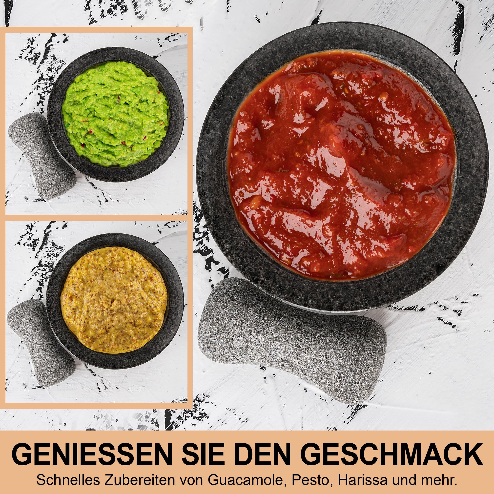 Tortillada - 16 cm XXL Mörser mit Stößel Holz Set groß aus Naturgranit mit kratzfestem Holzsockel Granit - Gewürzmühle geeignet für Gewürze, Nüsse und Kräuter mit 50 Rezepten, schwarz