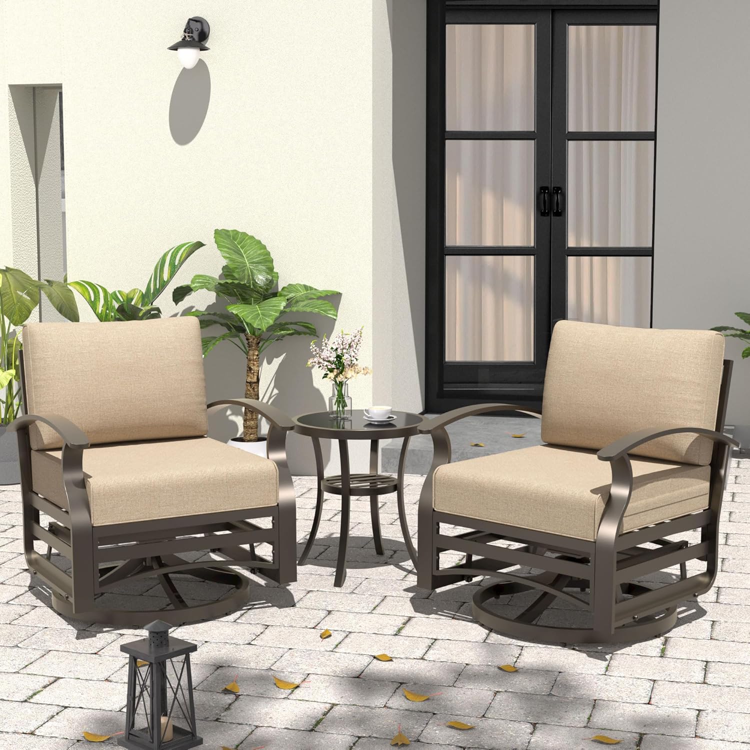 3 Pieces Outdoor Aluminum Swivel Rocker Chairs,Patio Rocking Chairs with Coffee Table&Thick Cushions Patio Furniture Sets for Porch Garden,NavyBlue