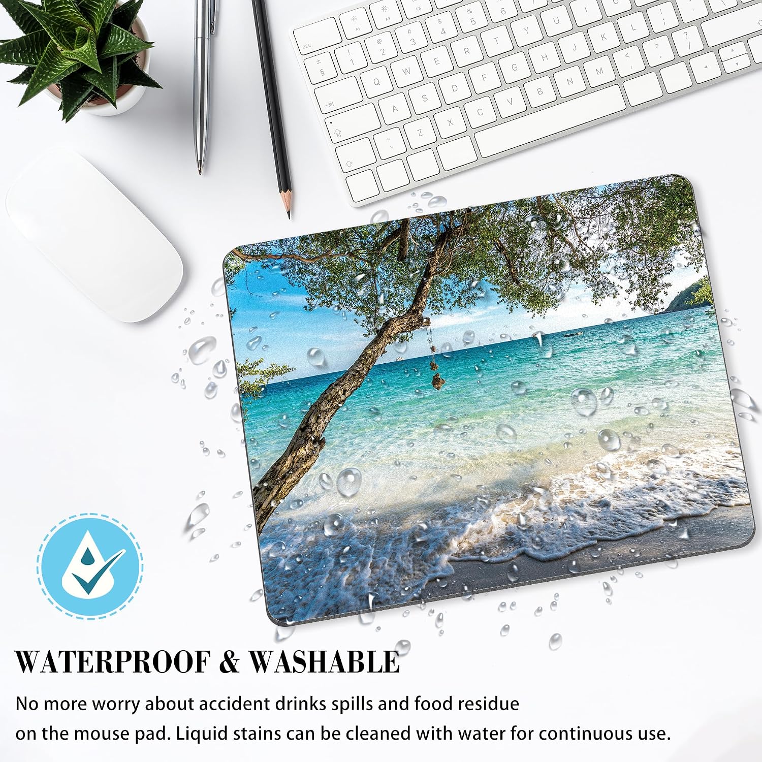 Beach Ocean Mouse Pad Cute Green Tree Sea Teal Mousepad Tropical Nature Aesthetic Small Desktop Desk Mat Office Portable Accessories Computer Laptop Wireless Travel Work Decor Gaming Washable image 3