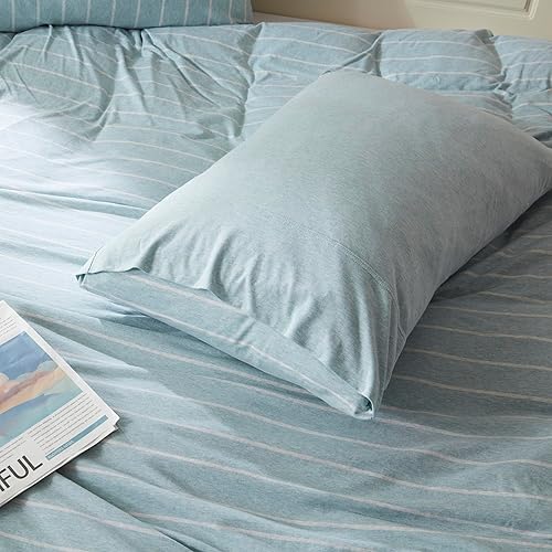 Miniatura 5 de H HOUSEHOLD Juego de funda de edredón de algodón de punto de jersey, funda de edredón de punto suave, tamaño Queen, juego de ropa de cama de 3