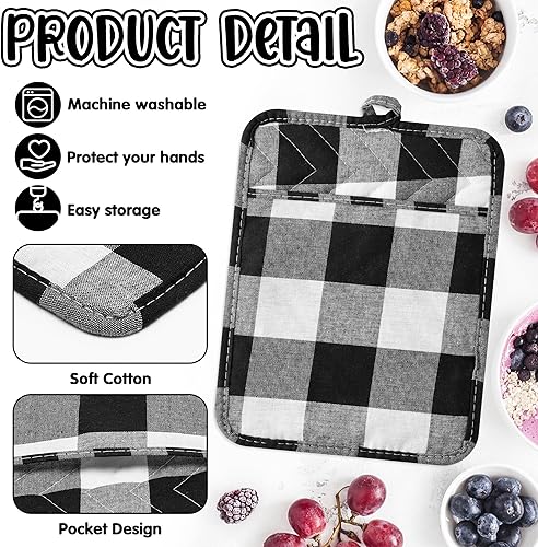 Miniatura 10 de R HORSE Juego de 6 soportes para ollas con bolsillo para cocina, de bolsillo negro, juego de agarraderas de algodón resistente al calor, posavasos