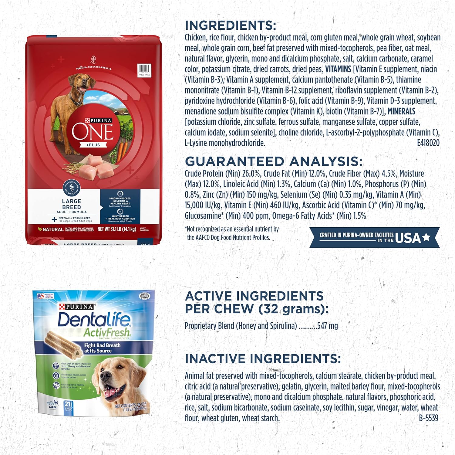 DentaLife Purina Bundle Pack Large Breed Dog Food and Treats, ONE +Plus Chicken Formula ActivFresh