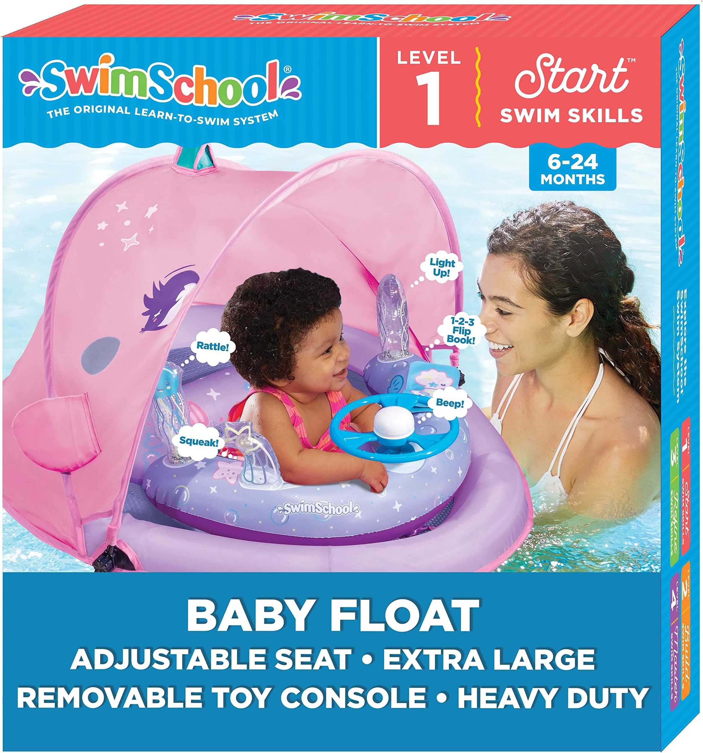 SwimSchool Infant Baby Pool Floats, Free Swimming, Super Buoyant – Ages 6-24 Months – Multiple Colors/Styles – Adjustable Canopies and Seats, Splash & Play Baby Floaties