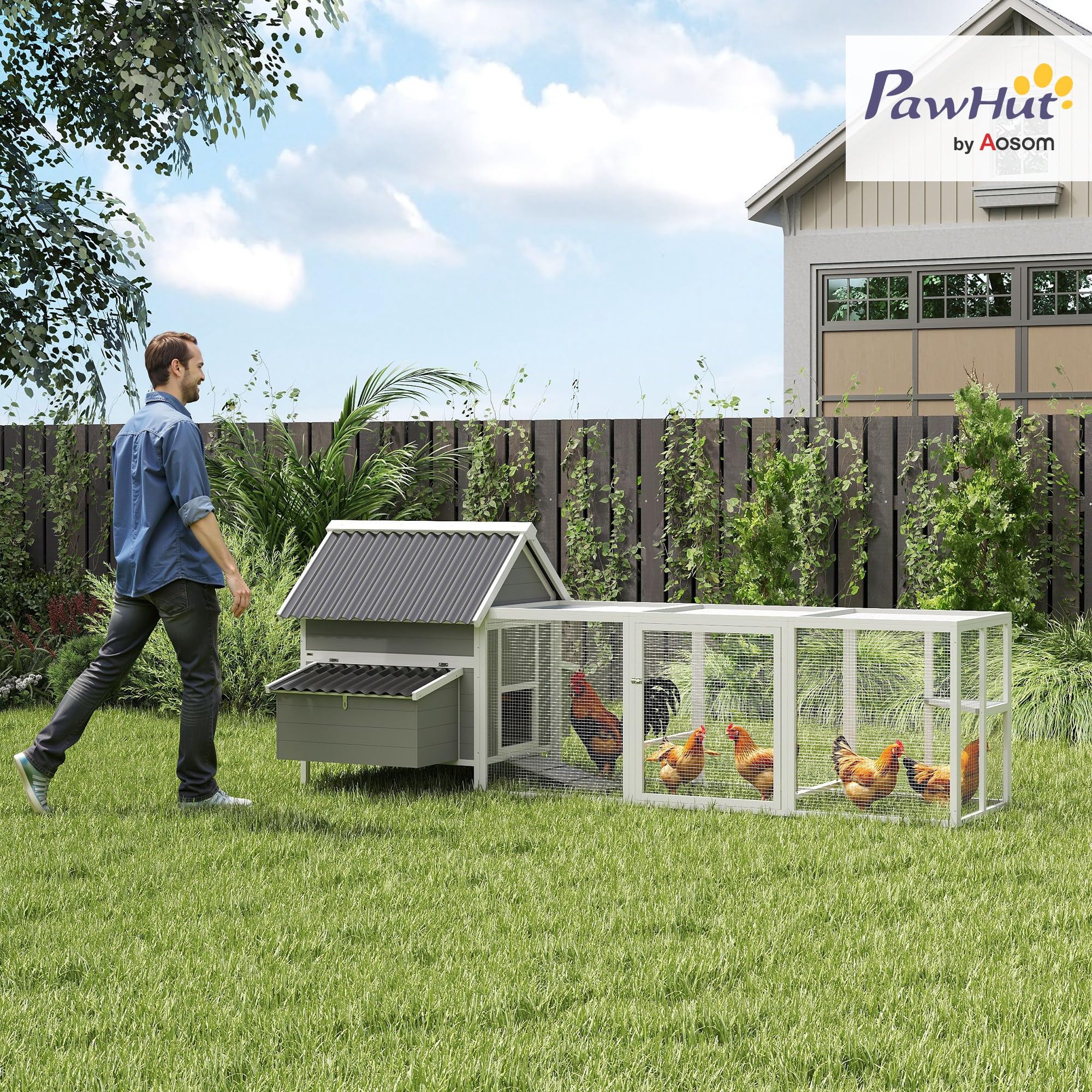 PawHut Kurnik dla 7-10 kur, 283 x 133,5 x 112 cm, szary | wybieg dla kur, 2 budki lęgowe, wybieg, drążek do siedzenia, huśtawka, mrozoodporny, drewno, woliera, domek dla ptaków