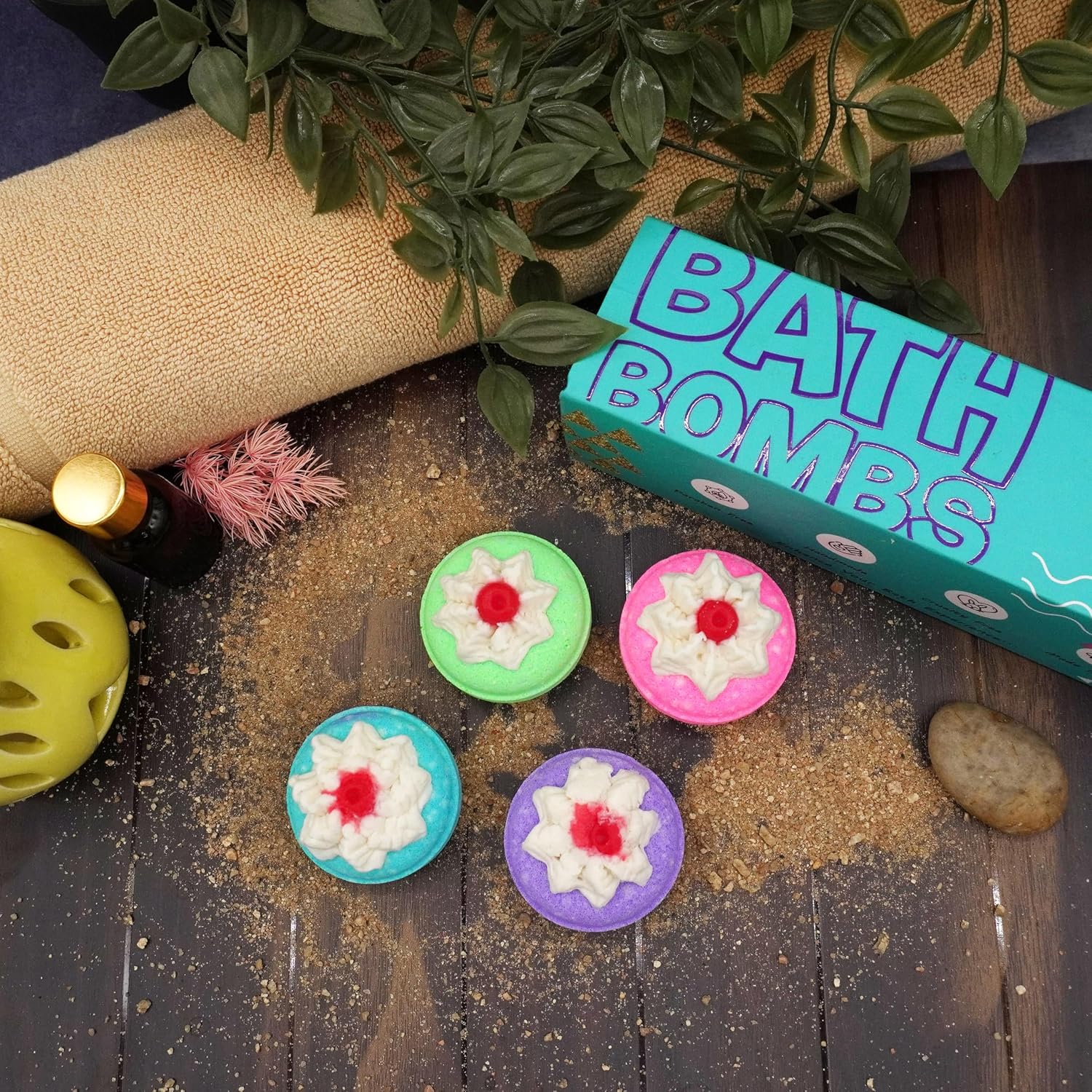 Mini Donut Cherry Blossom Bath Bombs - 45 Gram Each (Pack of 4) Natural Handcrafted Aromatic Fragrance with Frosting & Cherry Topping Perfect Bath Gift for Kids, Men & Women