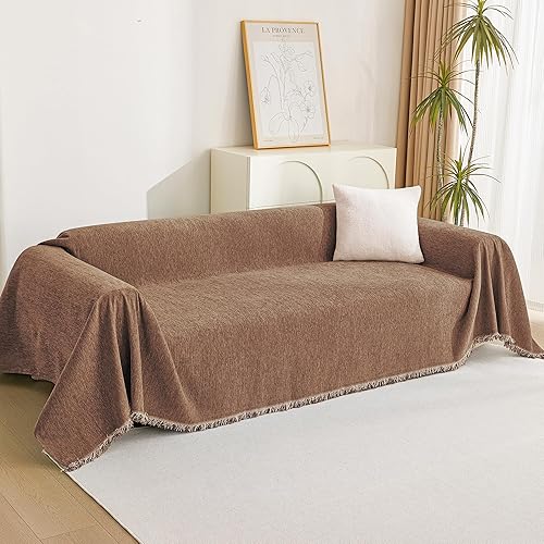 Miniatura 8 de MYSKY HOME - Funda de sofá bohemia color camel con borlas blancas, rústica, protector de sofá sencillo para perros, fundas de sofá modular de