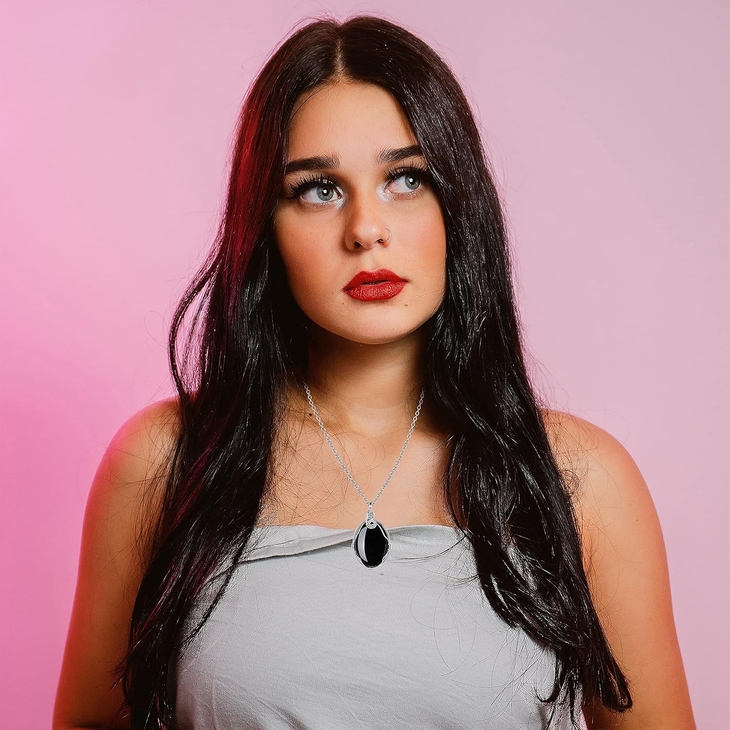 Miniatura 4 de XIANNVXI Collar de cristal curativo envuelto en alambre, collar con colgante de piedra ovalada, collar con dije de piedra preciosa natural