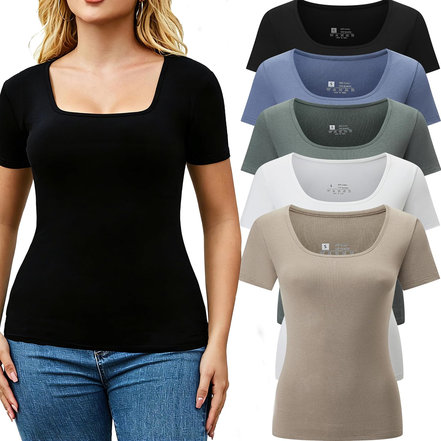 5 Pack Short Sleeve for Womens Square Neck T Shirts Fashion Casual Basic Tees Tops Summer Outfits Clothes 2026
