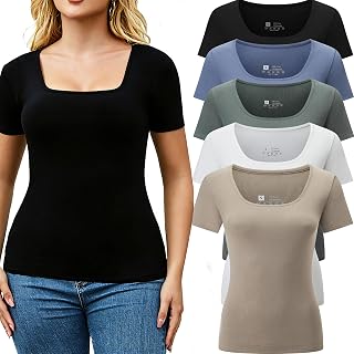 FMNNNN Womens 5 Pack Square Neck Tee Short Sleeve Slim Fit Casual Basic Top | Soft stretch breath…