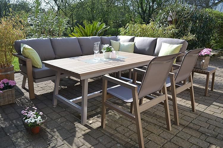 bomey Ecklounge Enviro Wood mit Tisch Mailand 165 x 98 x 68 cm und 2 x Stühlen - Wetterfeste & Pflegeleichte Gartenlounge Outdoor und Indoor, Robuster Terrassentisch als Esstisch geeignet