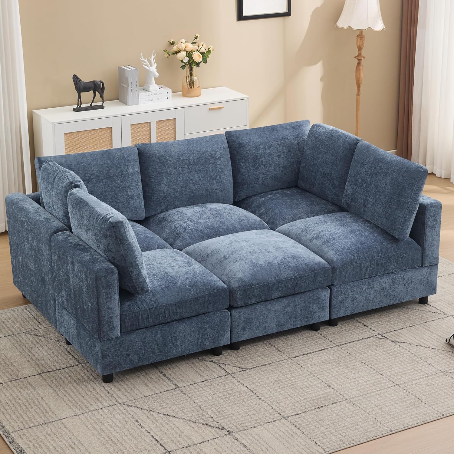 89'' Modular Sectional Cloud Sofa Bed, 6-Seater Convertible Sofa Couch with Ottoman, Modern Deep Seat Sleeper Sofa for Living Room, Chenille Beige