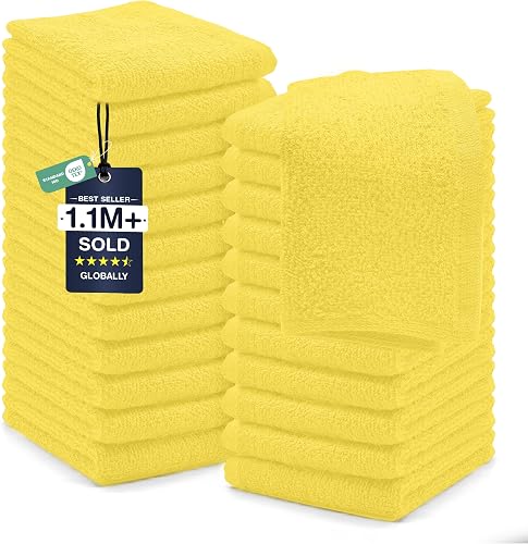 DAN RIVER 24 Pack Cotton Wash Cloths Set for Showering [12x12] Yellow