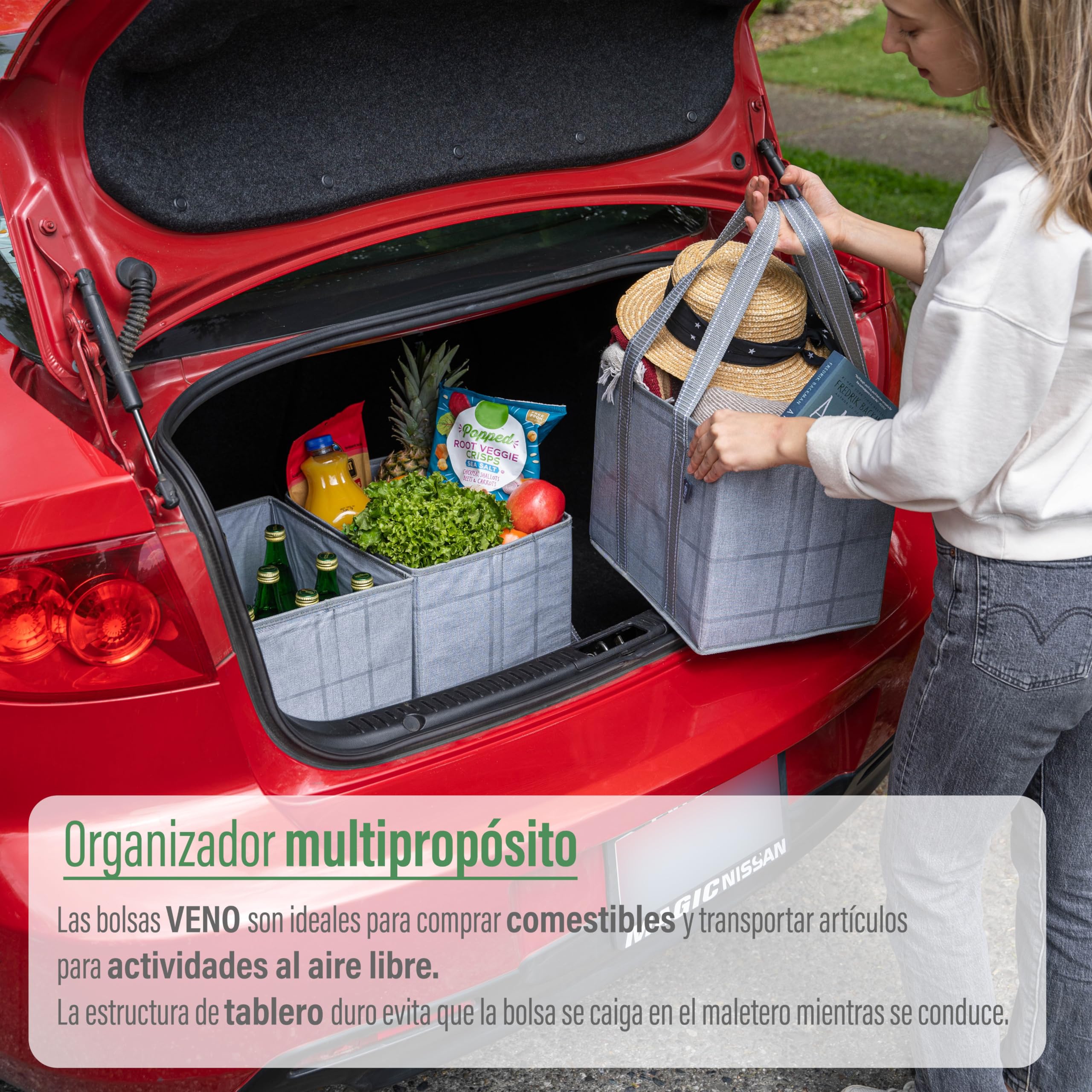 VENO 23.5 litros Bolsas de Comestibles Reutilizables, Bolsa de Carrito de Compras, Resistente, Parte Inferior Dura, Plegable, Bolsa Utilidad, Organizador de Maletero (Cuadros Negros, Pack de 3)