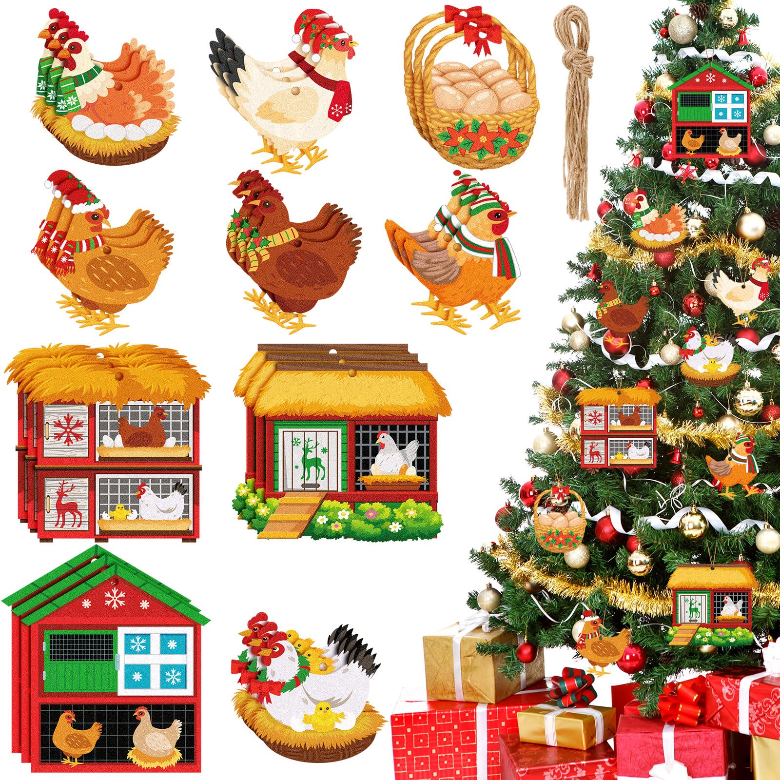 30 Pcs Christmas Chicken Ornament Set Funny Christmas Chicken Coop Eggs Hanging Ornaments Hen Nest Farm Animal Tree Decoration Cute Chicken Pendant Ornament with Ropes for Xmas Holiday Decorations