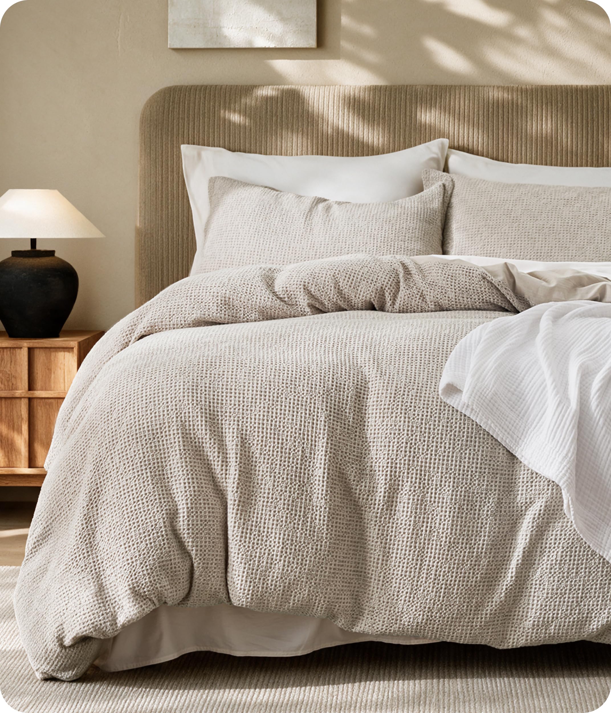 Bedsure PureWoven 100% Cotton Waffle Duvet Cover Set, Queen, Linen Color