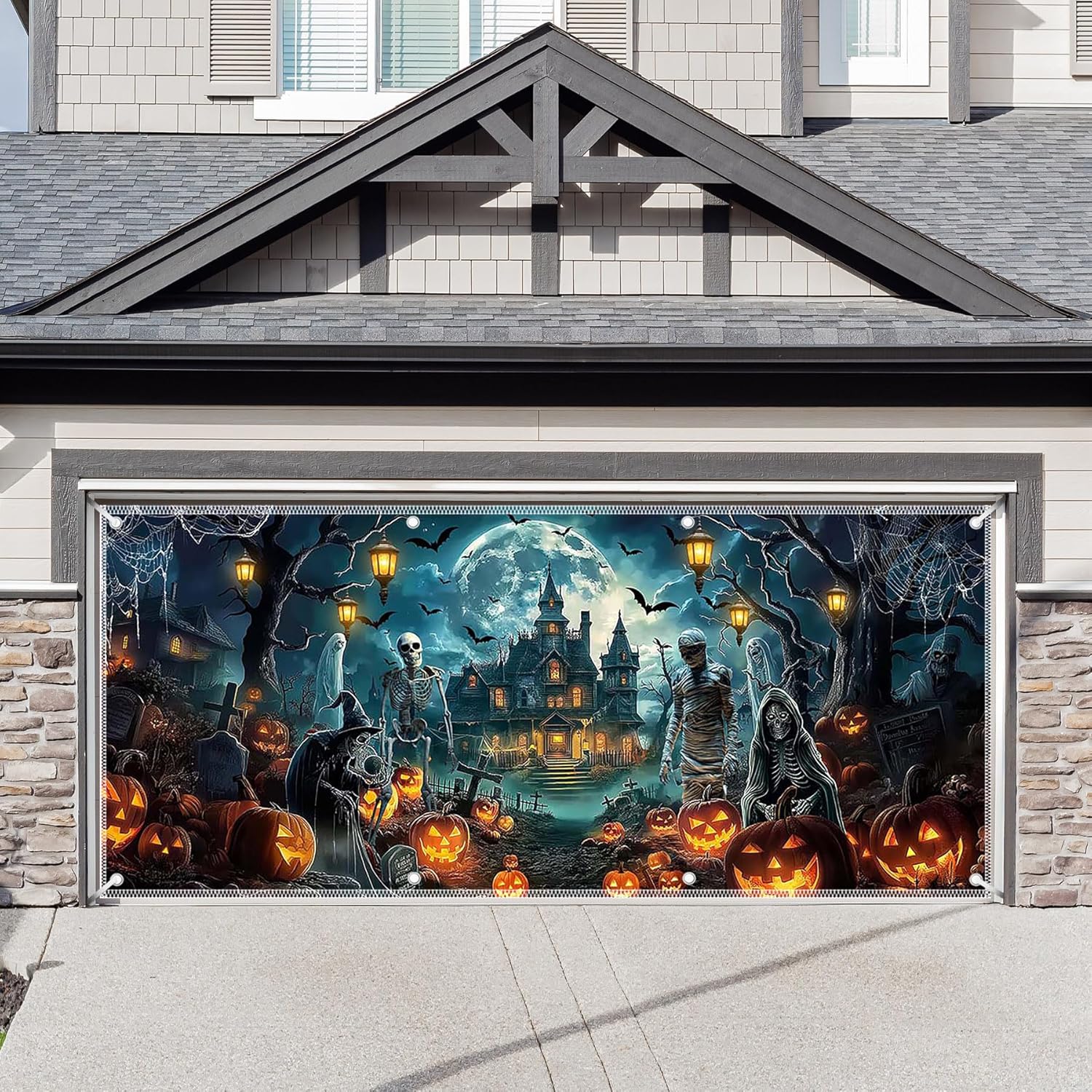 1PC 16x7ft Halloween Garage Door Banner Decorations Moon Night Pumpkin Spooky Skull Ghost Photography Backdrop Home Outdoor Wall Cover Scary Party Supplies