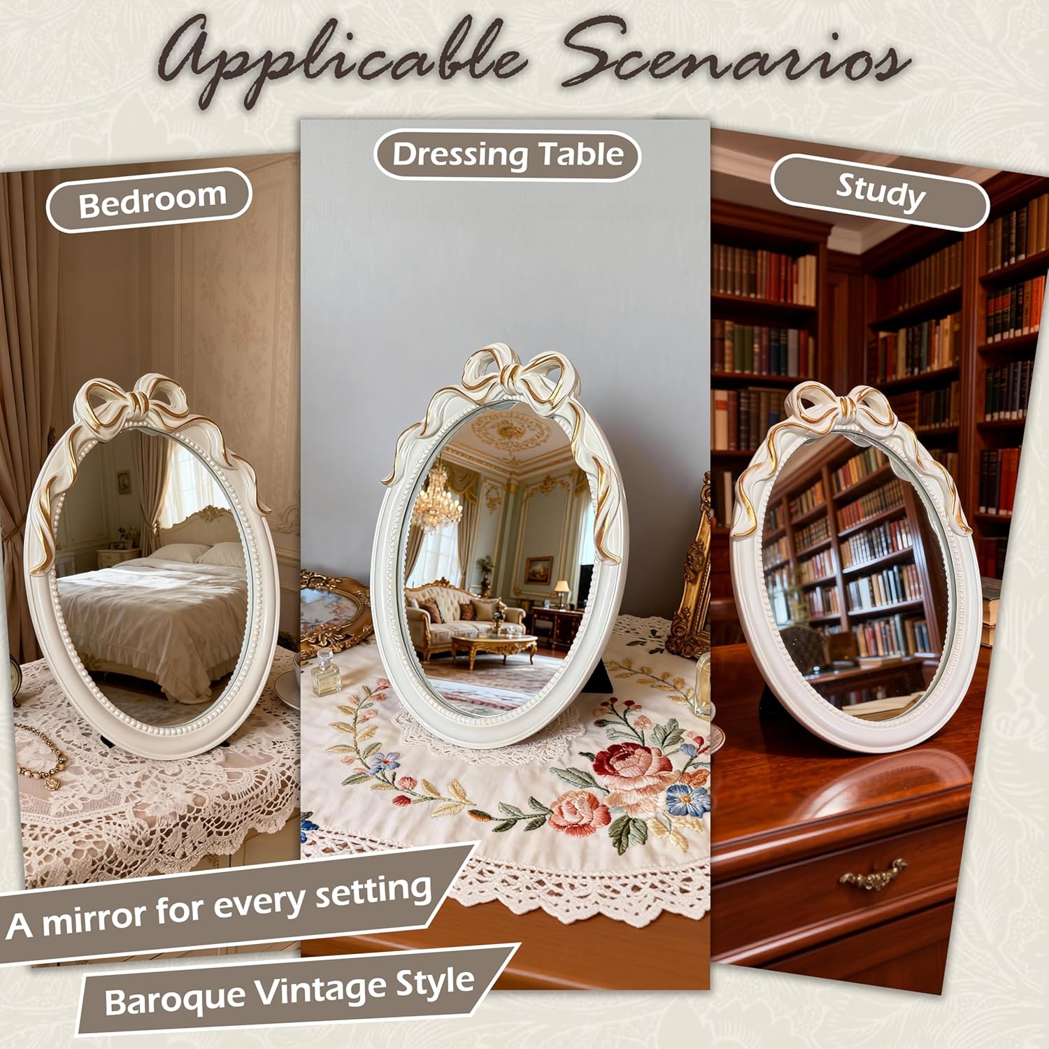Vintage Vanity Desk Mirror -13x10Inch Wall-Mounted & Tabletop Decorative Ornate Gold Accent Retro Makeup Mirror for Bedroom Dresser Bathroom Living Room Oval