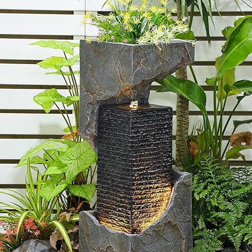 SERBILHOME Water Fountain Outdoor Garden 35.4" H Modern Outdoor Fountain with LED Light - Square Floor-Standing Waterfall for Garden, Patio, Deck, Porch, Office, and Home Art Decor