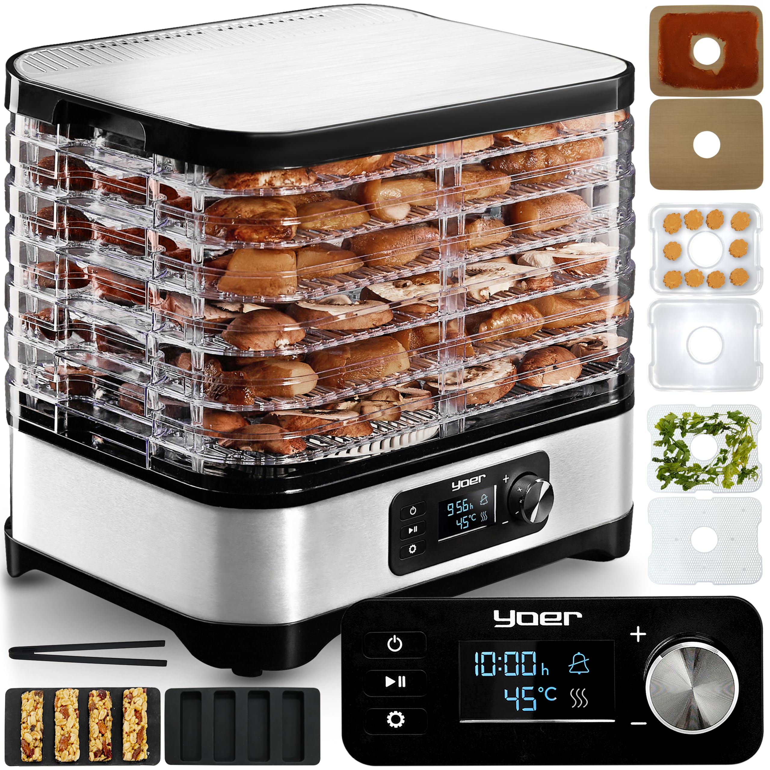 Yoer Dörrautomat Edelstahl, Dörrgerät mit 6 Einlegefächern, 35-70°C, 4725 cm2, 24h Timer, Dehydrator, 450W, Beef jerky, Obst, Kräutertrockner, Müsliriegel, LED-Anzeige, VitaSave FD01S